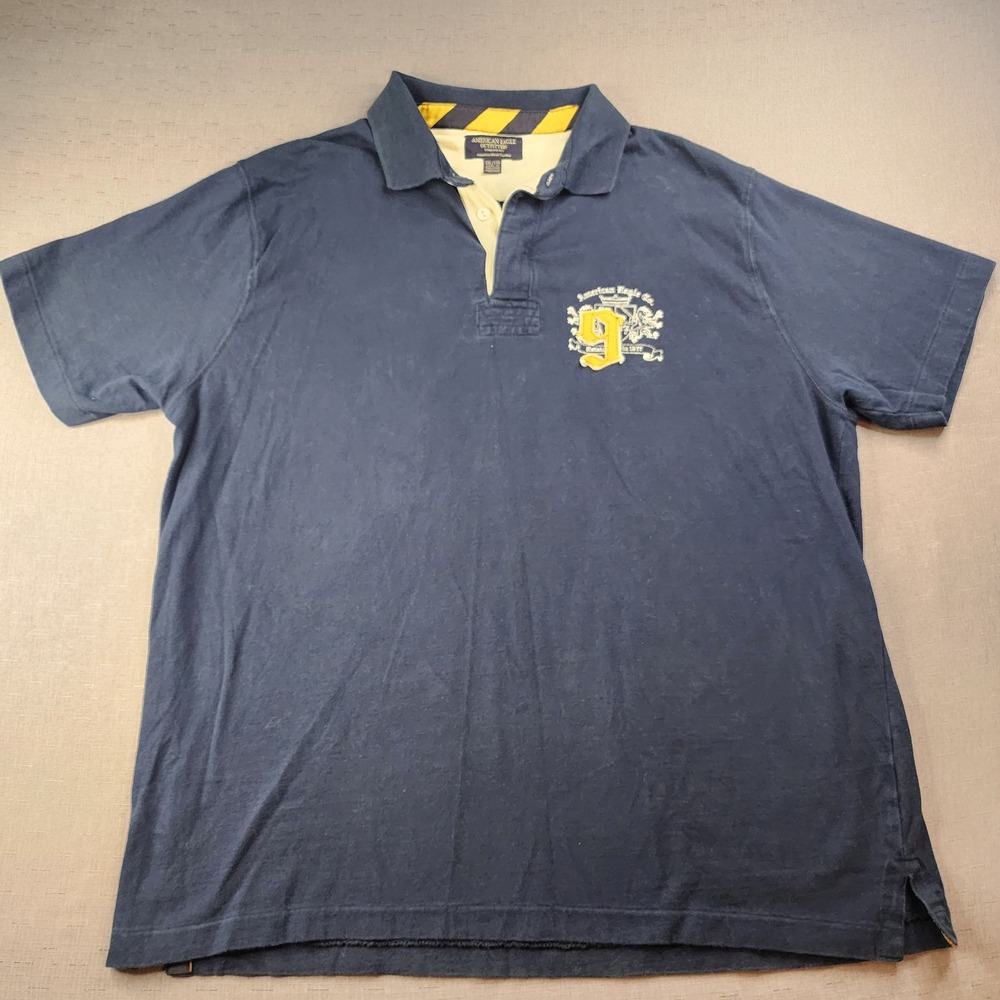 American Eagle Vintage Style Polo Shirt Navy Yellow Crest Mens XXL Short Sleeve